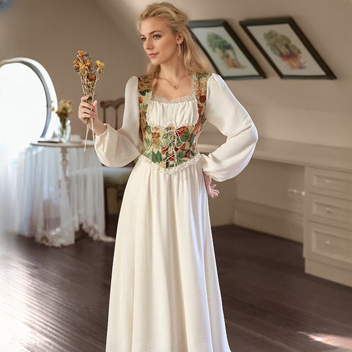 Elegant Cottage Style Princess Dresses Woman Vintage Chic Painting Corset Dress